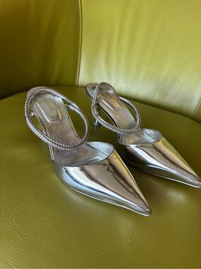 SIMKHAI Kaian Silver Embellished Metallic Leather Kitten Heel Mules 5 1/2